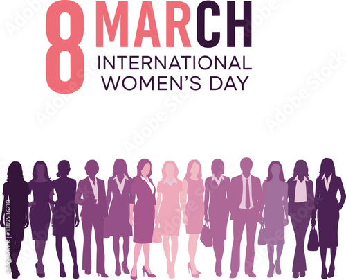 International Women’s Day, professional women, diverse roles, empowerment, 8 March, pink gradient, celebration, flat vector illustration