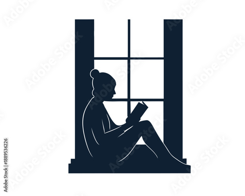 A serene silhouette of an individual engrossed in the pages of a book, finding quiet moments of contemplation and peaceful escape while comfortably seated by a window frame