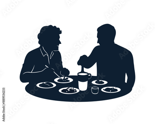 A minimalist silhouette illustrates two individuals enjoying a pleasant meal together, emphasizing shared moments and the simple joy of dining and conversation
