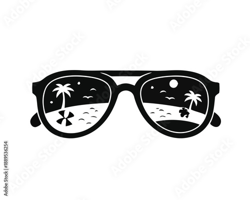 Summer vacation sunglasses reflecting a tropical beach scene with palm trees and ocean waves at sunset, perfect for travel and leisure