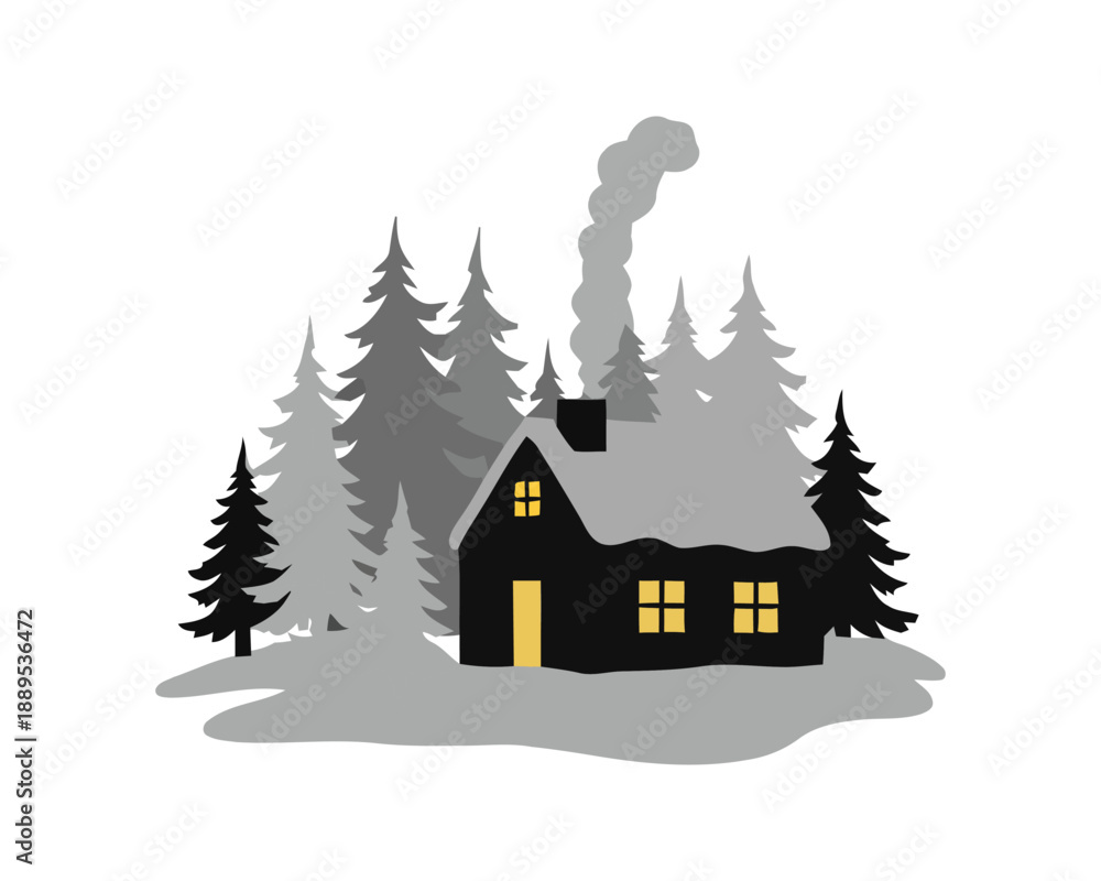 Obraz premium Cozy winter cabin nestled in a serene snowy forest with glowing windows, smoke rising from the chimney, evoking warmth and peaceful solitude