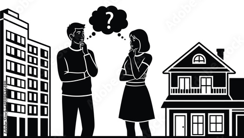 A couple contemplating their housing options with a question mark