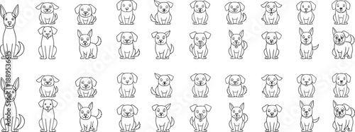 Large set of cute dog outline characters in different sitting and standing poses, hand drawn pet line art vector