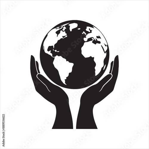 Black hands holding planet earth silhouette white globe
