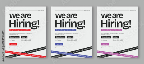 We are hiring job poster social media post, recruitment flyer for graphic designer and video editor positions, corporate hiring advertisement template
