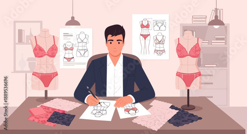 Fashion designer sketching lingerie designs at his desk.