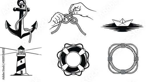 A collection of nautical icons including anchors and ropes on a white background