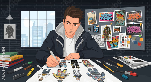 Focused artist sketching robotic hands with cityscape view in background.