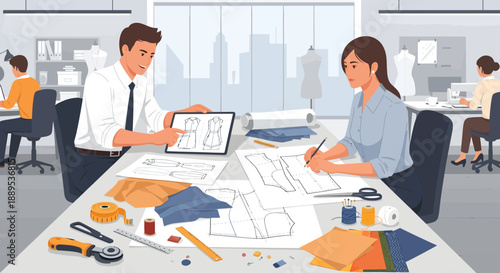 Fashion Designers Collaborating on Designs in a Bright Studio.