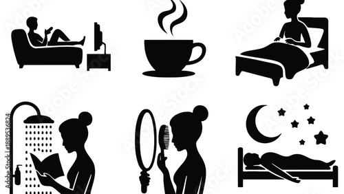 A woman enjoys a relaxing morning routine with coffee and self-care activities
