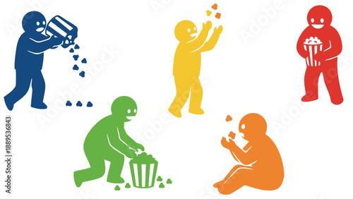 Colorful people figures engaging in various activities with objects and trash