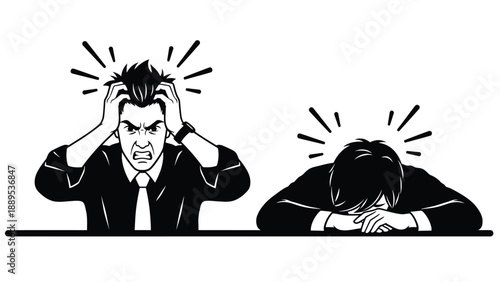 Two stressed businessmen sitting at a desk in a state of frustration