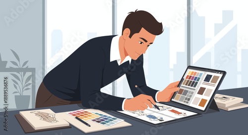 Focused Interior Designer Reviewing Plans on Tablet in Bright Office.