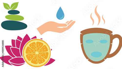 A colorful illustration of various spa and wellness elements for relaxation