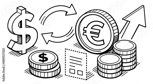 Hand drawn line art financial elements set featuring dollar and euro symbols, exchange arrows, and growth for global business