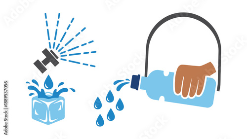 A hand holding a water bottle with ice cubes and a faucet in the background