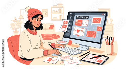 Illustrative designer at work crafting a digital portfolio with focus and creativity.