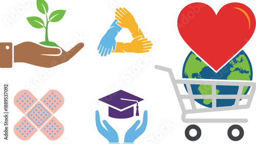 A colorful illustration representing various social and environmental causes and values