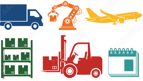 A collection of colorful logistics and transportation icons on a white background