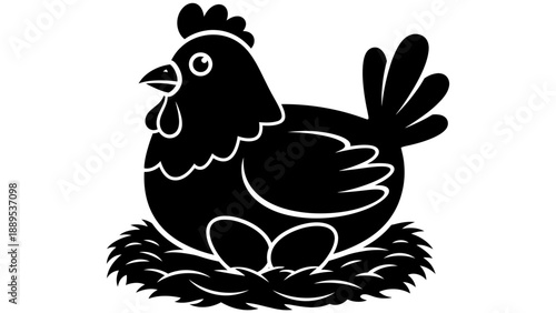 A black and white illustration of a chicken sitting on eggs in a nest