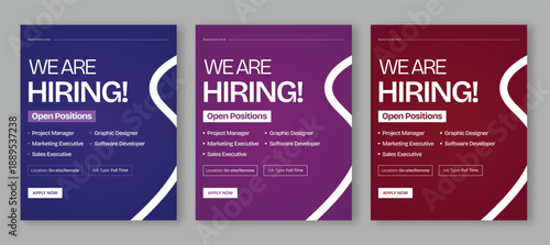 We are hiring job poster template, professional recruitment flyer with open positions for corporate and creative roles
