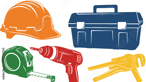 A collection of colorful construction tools and equipment on a white background