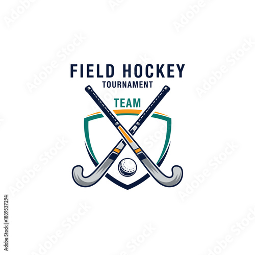 Field Hockey Tournament Team Logo with Crossed Sticks and Ball on Shield