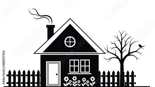 A charming black and white illustration of a cozy little house with a picket fence
