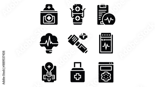 A collection of medical icons on a white background for healthcare design