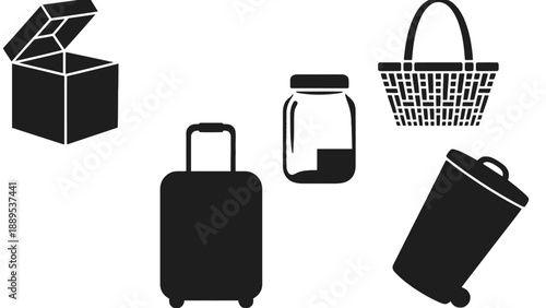 A collection of black silhouettes of various everyday objects on a white background