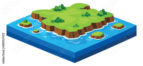 Isometric cartoon illustration of an island depicting a green landmass surrounded by blue water for nature and travel concepts