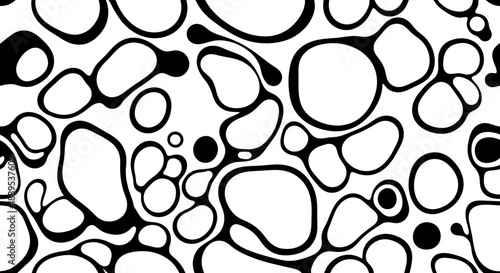 Black and white abstract pattern of irregular shapes and circles.