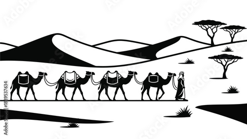A black and white illustration of camels walking in the desert with a person leading them