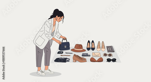 Woman Arranging Fashion Accessories for Outfit Planning.