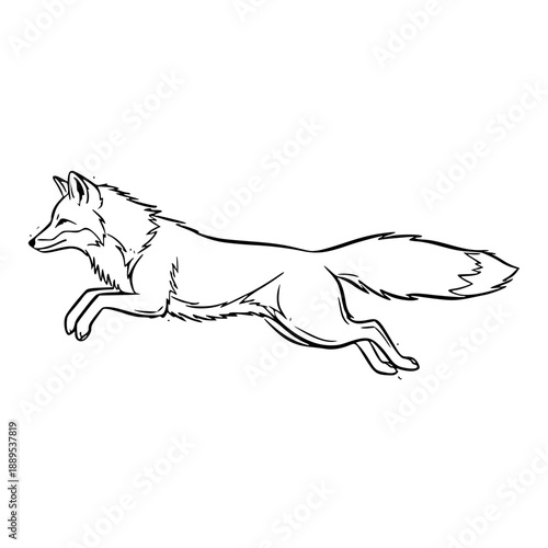 A dynamic black and white line art illustration of a wild fox in mid-leap, showcasing its agile movement.
