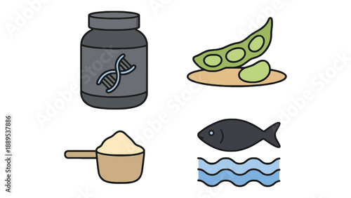 A cartoon illustration of healthy food and nutrition supplements