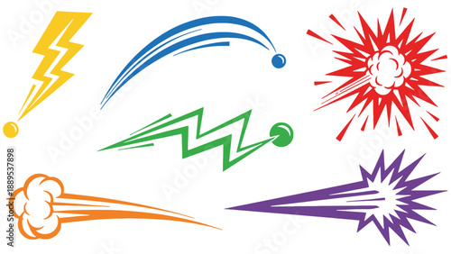 A colorful collection of cartoon explosion and lightning bolt graphics