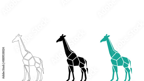 A geometric giraffe illustration in three different colors on a white background