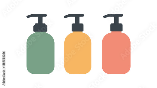 Three colorful bottles of soap or lotion on a white background