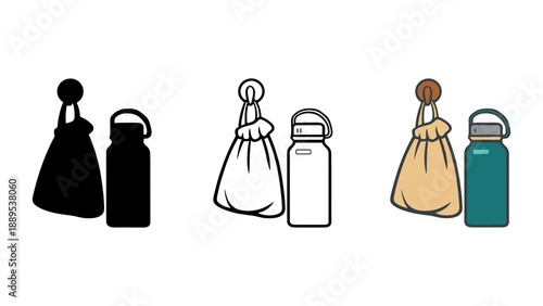 A colorful illustration of reusable bags and water bottles for eco-friendly living