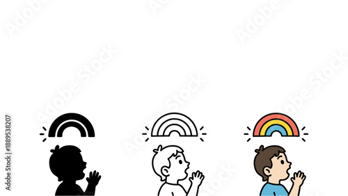 A colorful illustration of children looking up at rainbows in different styles