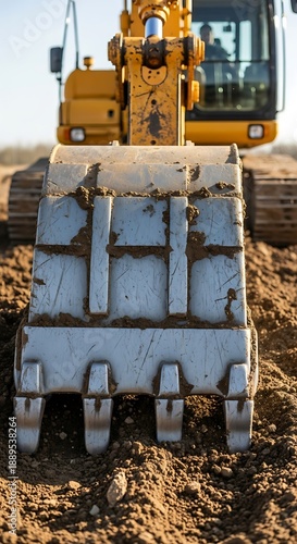 Heavy yellow machinery bucket rests poised above rich brown earth at a worksite