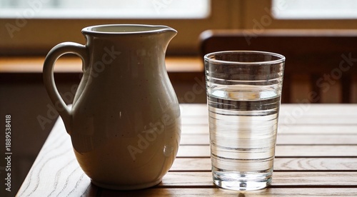 Jug and glass with clear water on wooden table indoors. Space for text