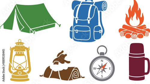 A collection of camping icons including a tent and backpack