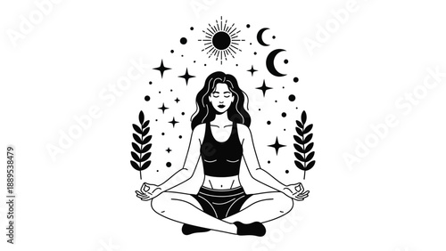 A woman meditates peacefully in a serene and celestial environment with stars and moons.