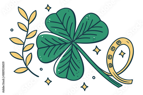 A vibrant illustration of a four-leaf clover with a horseshoe and leaves, symbolizing good luck and fortune.