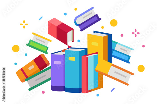 A colorful vector illustration of books and confetti on a white background