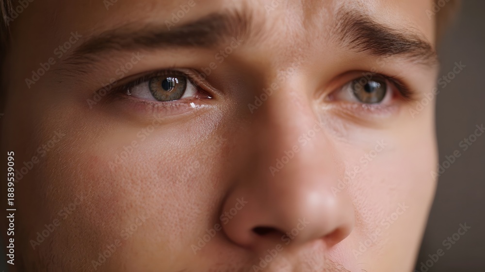 Fototapeta premium Extreme close up of a young man s expressive tear filled eyes reflecting profound sadness sorrow and emotional vulnerability