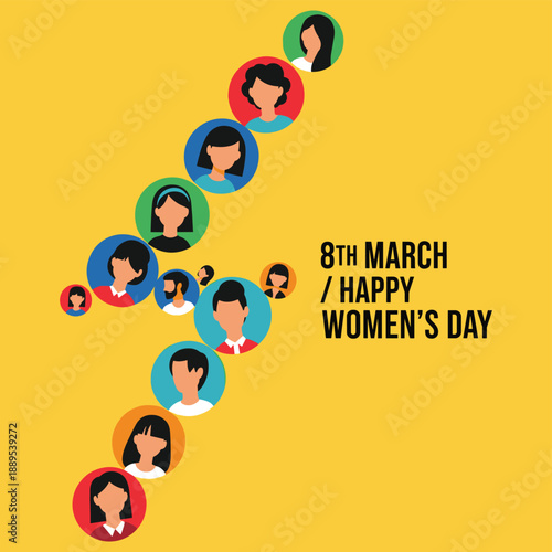 Happy Women's Day 2026 illustration, diverse portraits, circular frames, yellow background, gender equality celebration, global tribute - flat vector illustration