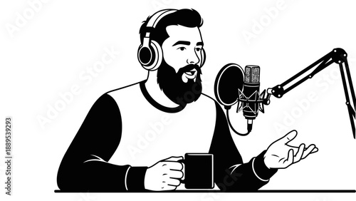 A man with a beard and headphones speaking into a microphone